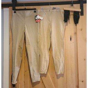 2 Pair Horze Womens 28 Beige Pants Equestrian Riding Tights Full Seat & Gloves